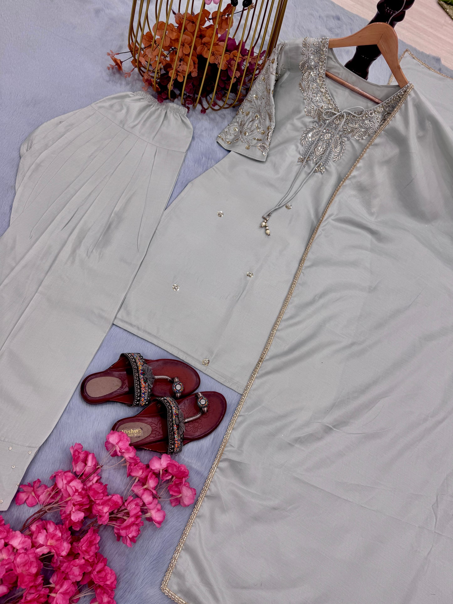 Beaded & Sequined Party Wear Farshi Plazzo Ensemble