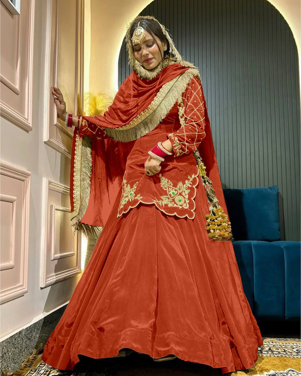 Designer Full-Sleeve Lehenga Choli in Natural Crepe Silk with Sequin & Zari Work