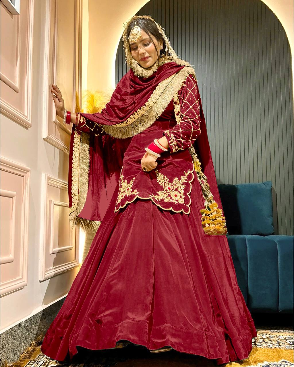 Designer Full-Sleeve Lehenga Choli in Natural Crepe Silk with Sequin & Zari Work