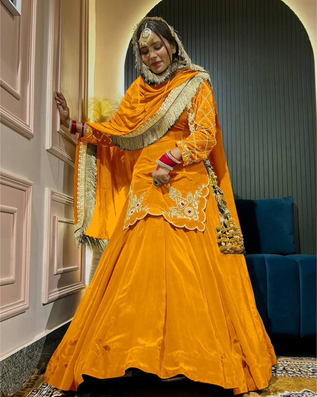 Designer Full-Sleeve Lehenga Choli in Natural Crepe Silk with Sequin & Zari Work