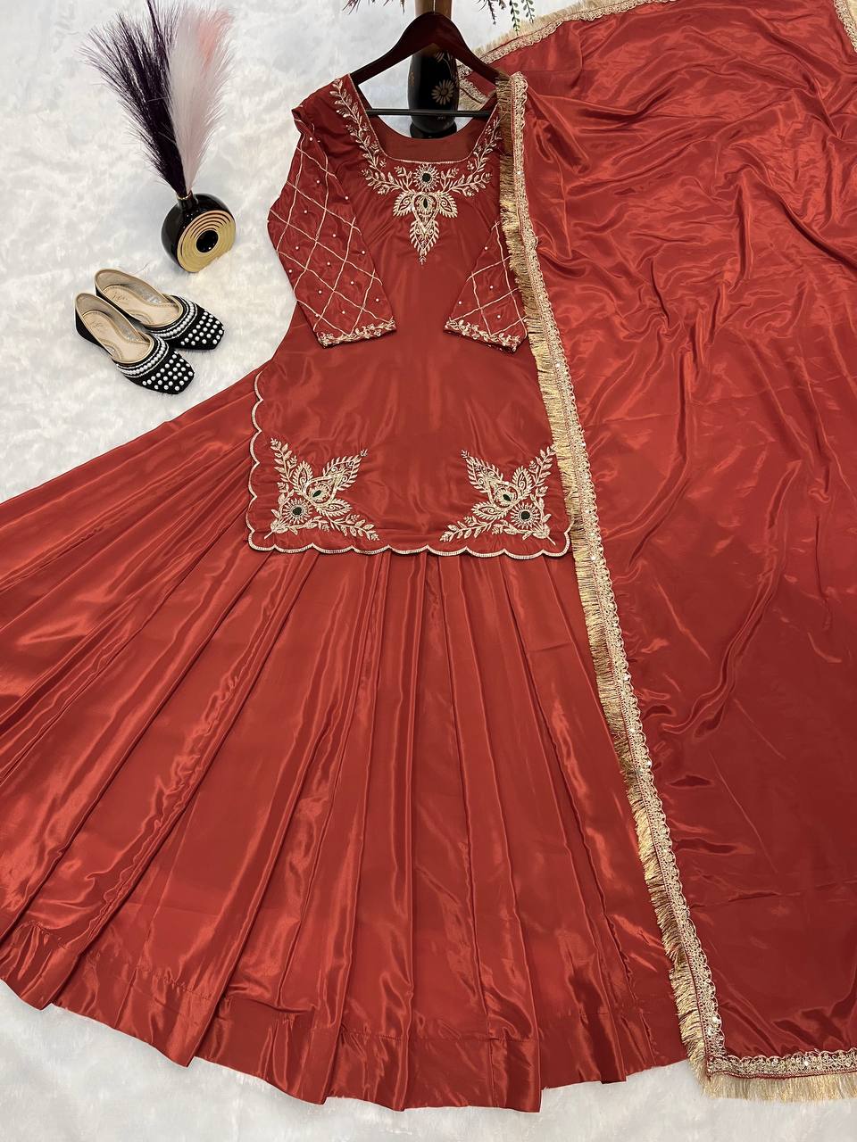 Designer Full-Sleeve Lehenga Choli in Natural Crepe Silk with Sequin & Zari Work