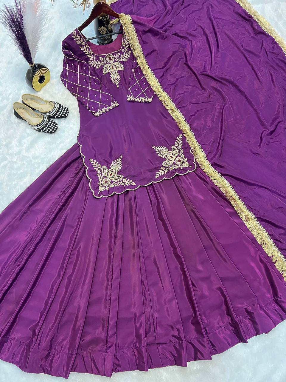 Designer Full-Sleeve Lehenga Choli in Natural Crepe Silk with Sequin & Zari Work