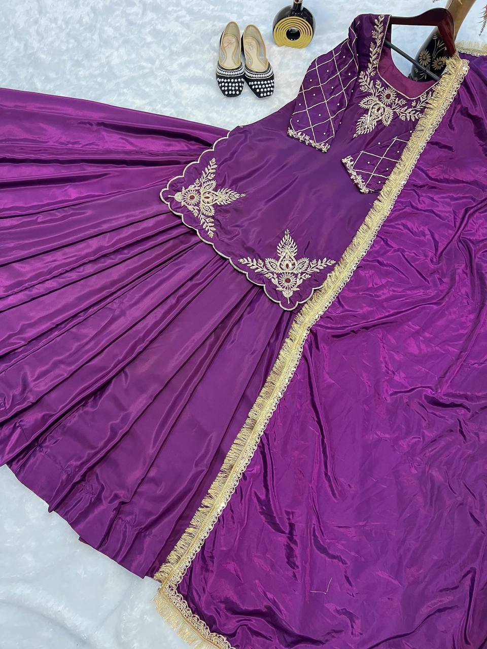 Designer Full-Sleeve Lehenga Choli in Natural Crepe Silk with Sequin & Zari Work