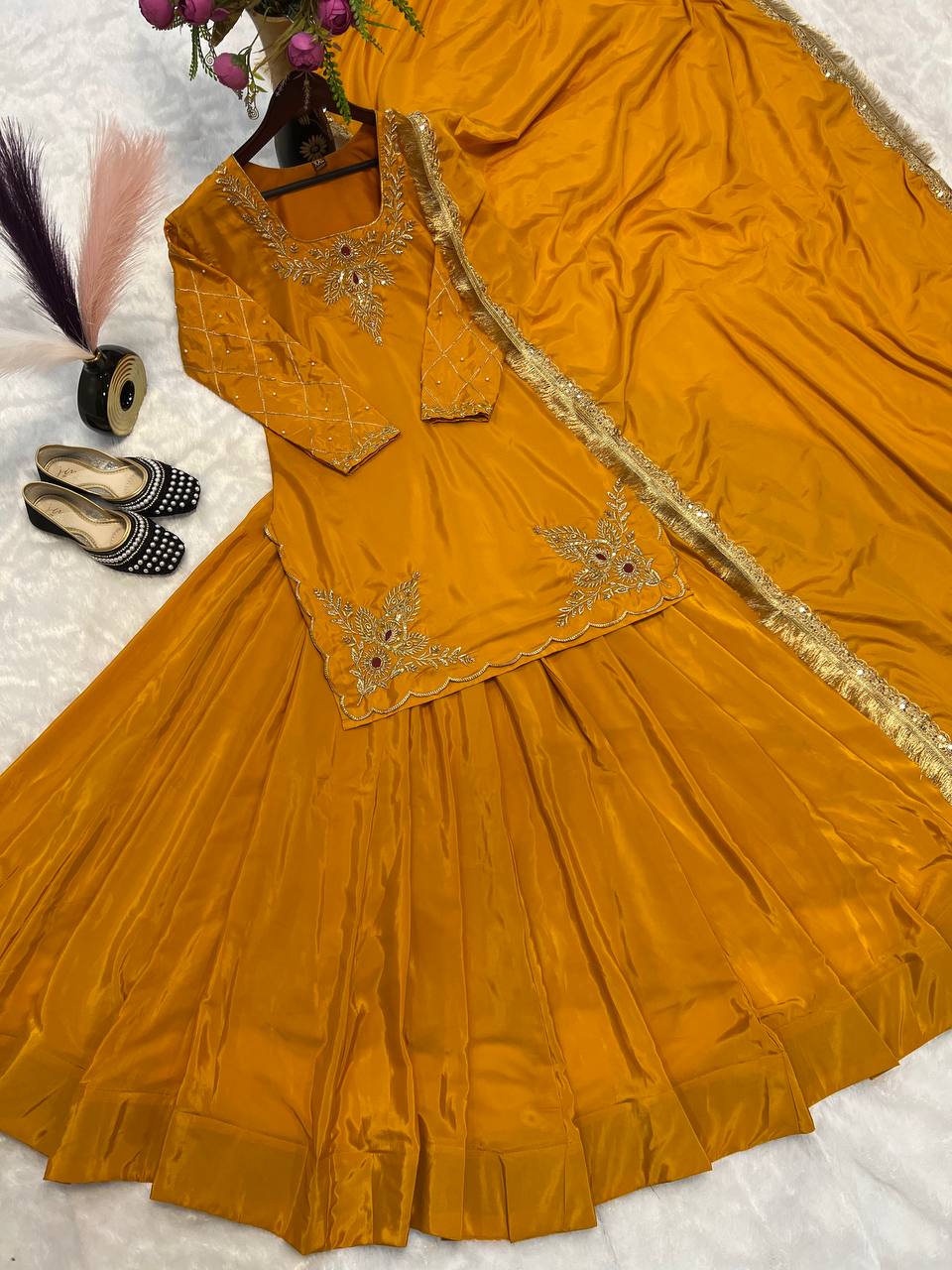 Designer Full-Sleeve Lehenga Choli in Natural Crepe Silk with Sequin & Zari Work