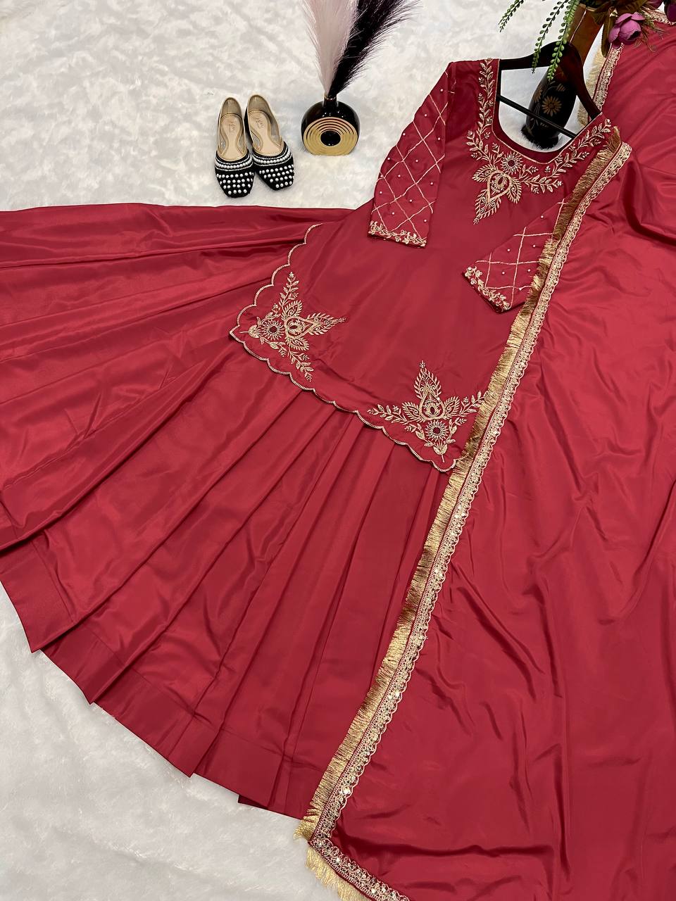 Designer Full-Sleeve Lehenga Choli in Natural Crepe Silk with Sequin & Zari Work