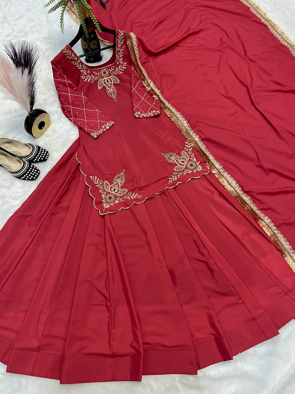 Designer Full-Sleeve Lehenga Choli in Natural Crepe Silk with Sequin & Zari Work
