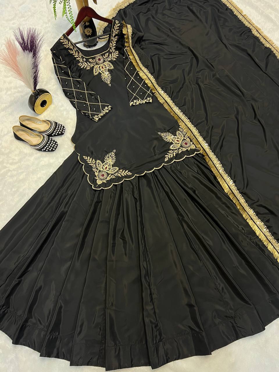 Designer Full-Sleeve Lehenga Choli in Natural Crepe Silk with Sequin & Zari Work