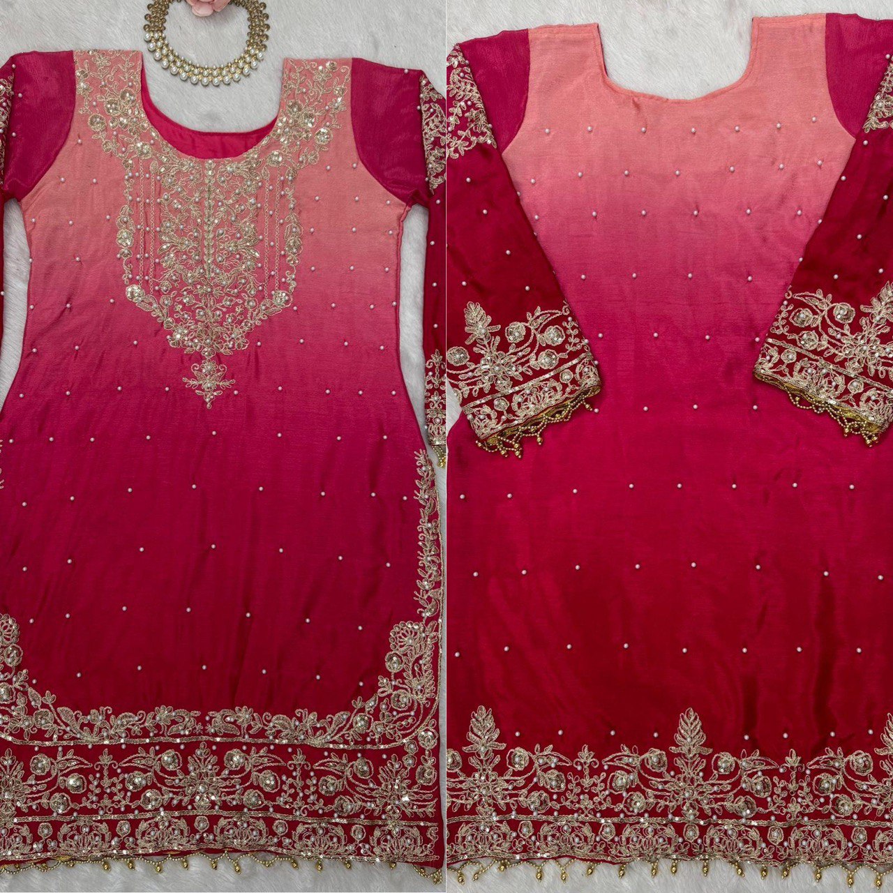 Royal Radiance Chinon Silk Plazo Set with Rivet Moti & Dori Sequins Work