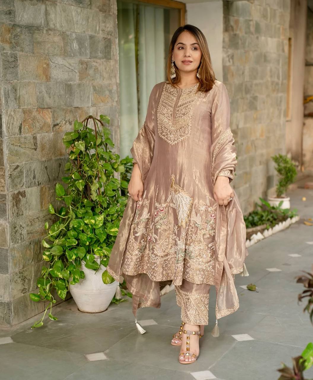 Heavy Embroidery Fandy Silk Suit with Pant & Dupatta