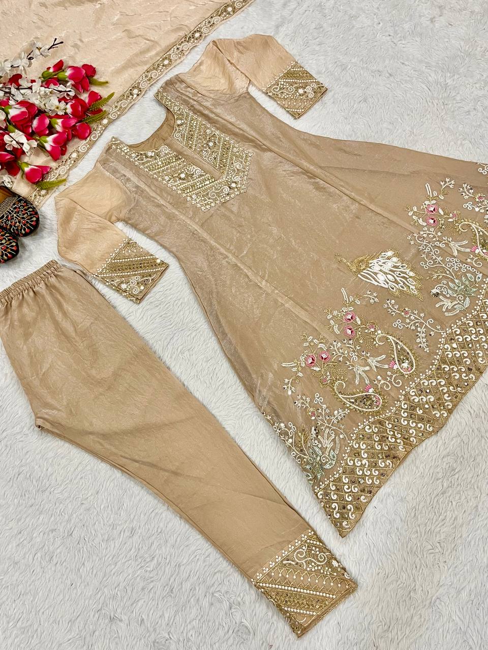 Heavy Embroidery Fandy Silk Suit with Pant & Dupatta