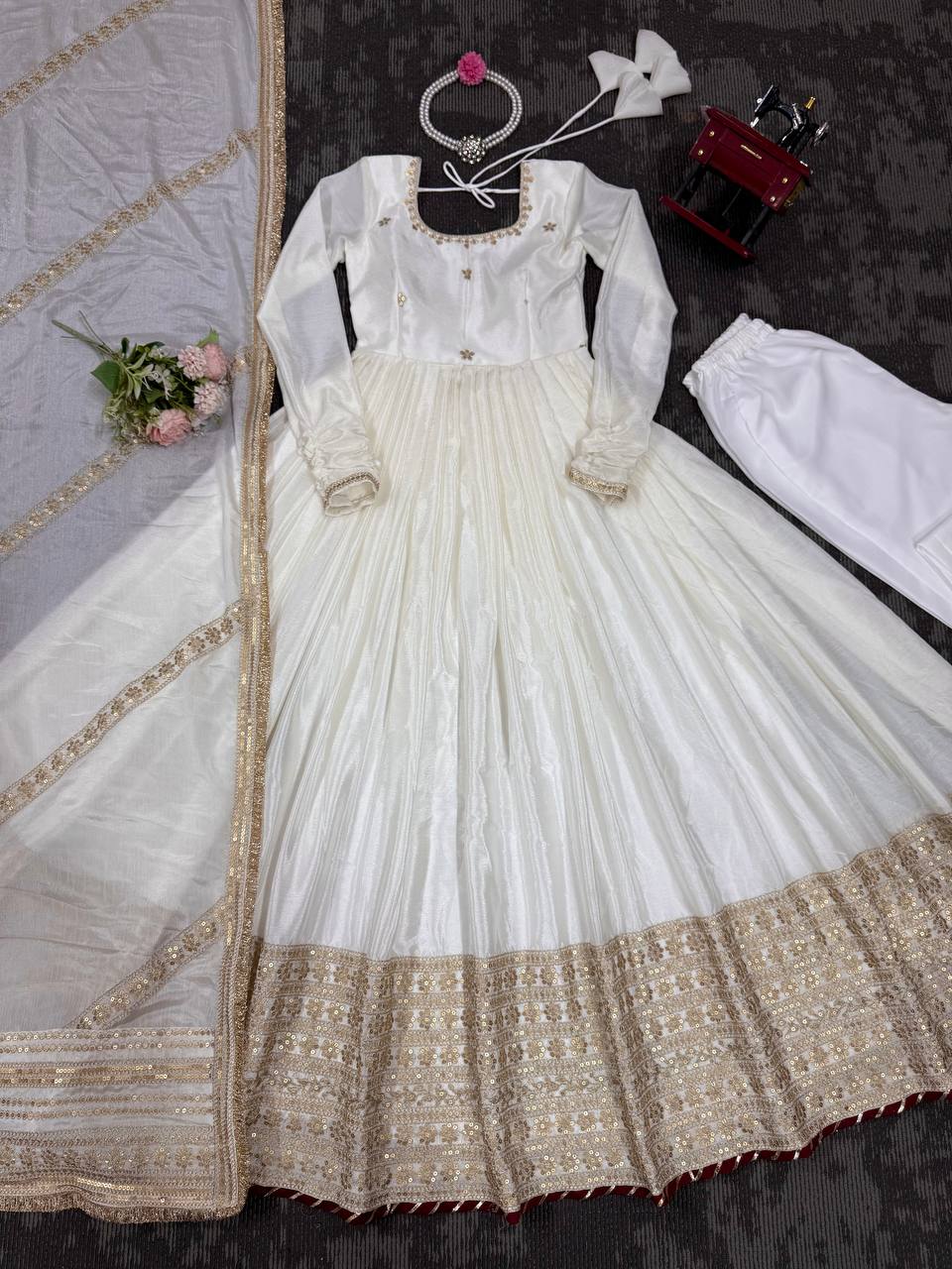 Elegant Party Wear Gown Set in Chinon Silk with Dupatta