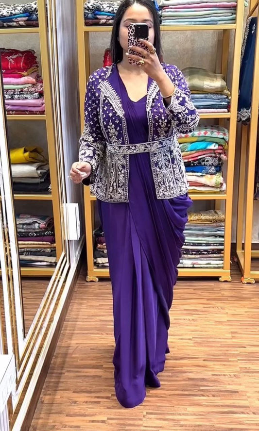 Embroidery Sequence work ready to wear saree with full Koti