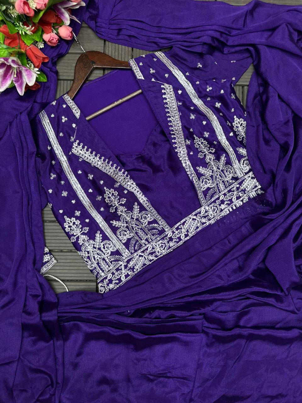Embroidery Sequence work ready to wear saree with full Koti