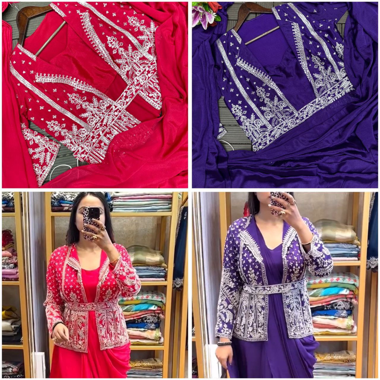 Embroidery Sequence work ready to wear saree with full Koti
