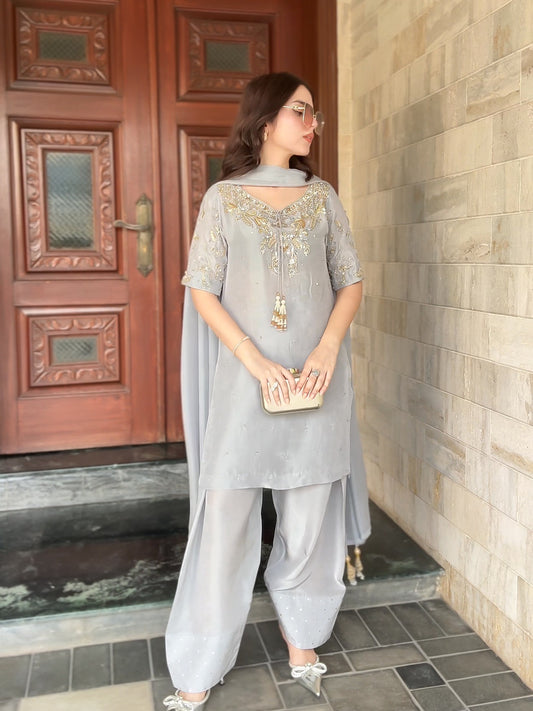 Beaded & Sequined Party Wear Farshi Plazzo Ensemble