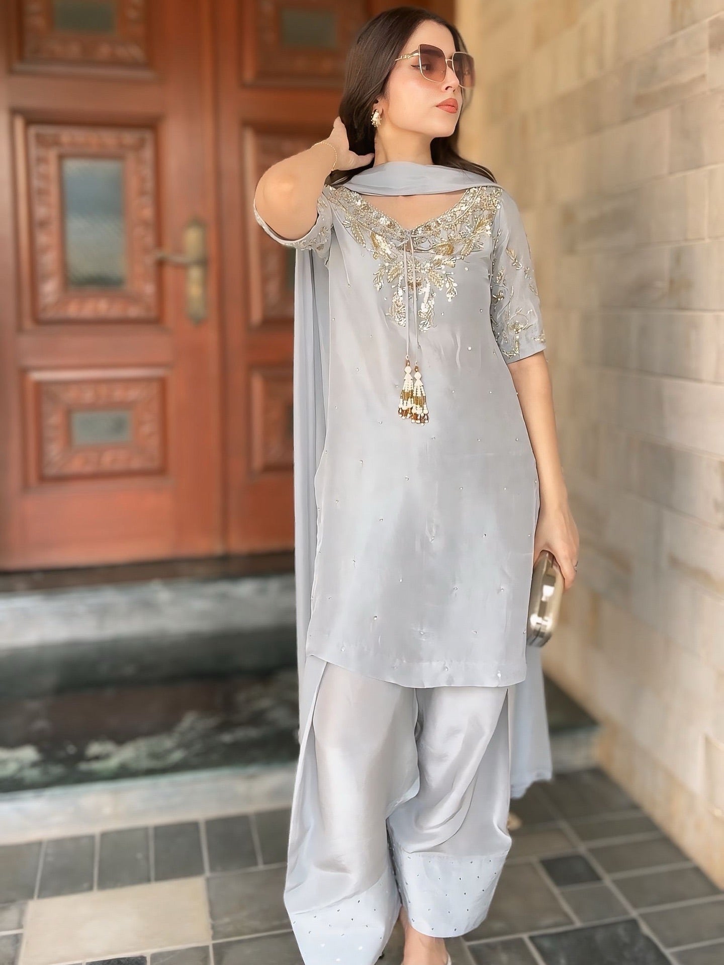 Beaded & Sequined Party Wear Farshi Plazzo Ensemble