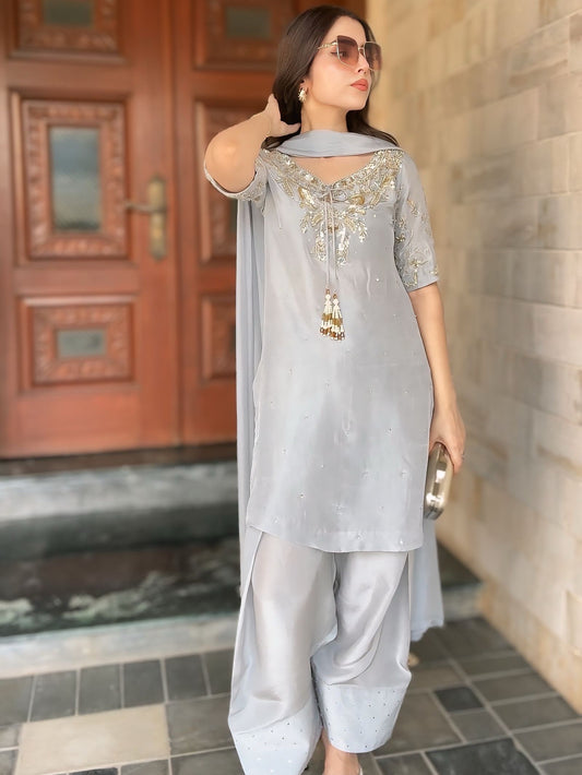 Beaded & Sequined Party Wear Farshi Plazzo Ensemble