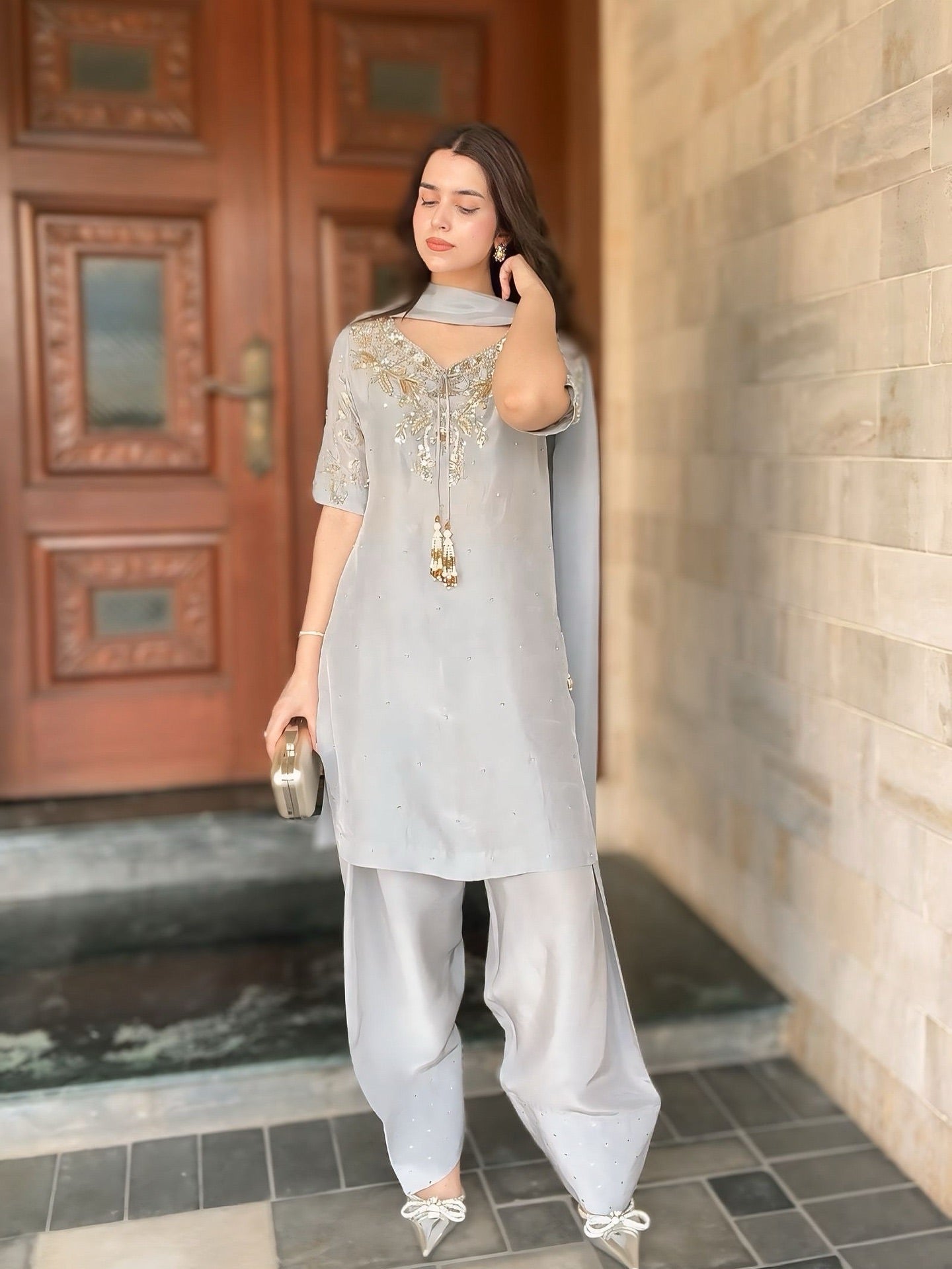 Beaded & Sequined Party Wear Farshi Plazzo Ensemble