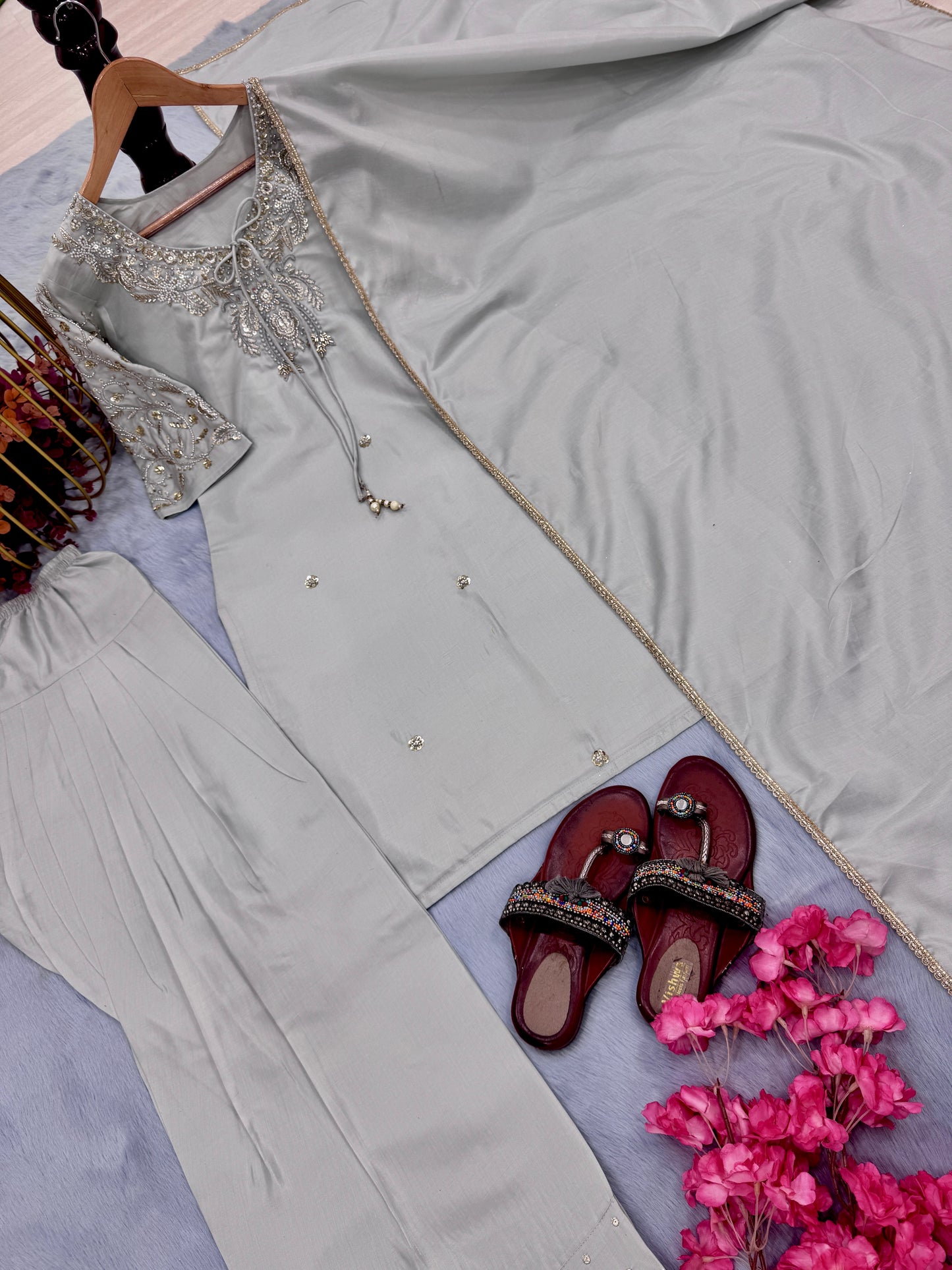 Beaded & Sequined Party Wear Farshi Plazzo Ensemble