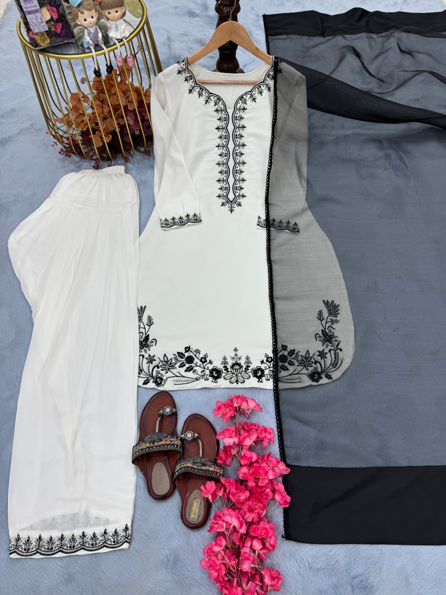 Designer Hand-Embroidered Co-ord with Organza Dupatta