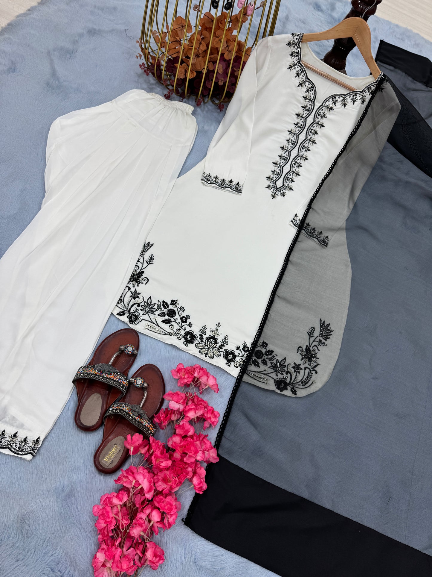 Designer Hand-Embroidered Co-ord with Organza Dupatta