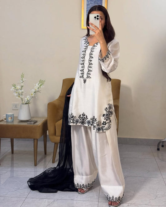 Designer Hand-Embroidered Co-ord with Organza Dupatta