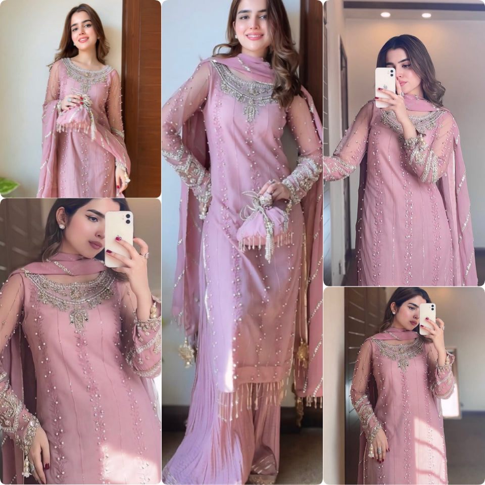Faux Georgette Embroidered Partywear Set with Dupatta