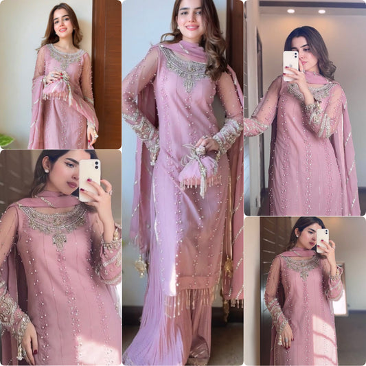 Faux Georgette Embroidered Partywear Set with Dupatta