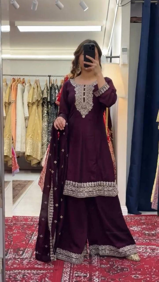Embroidered Chinon Silk Plazo Set with Lace Dupatta