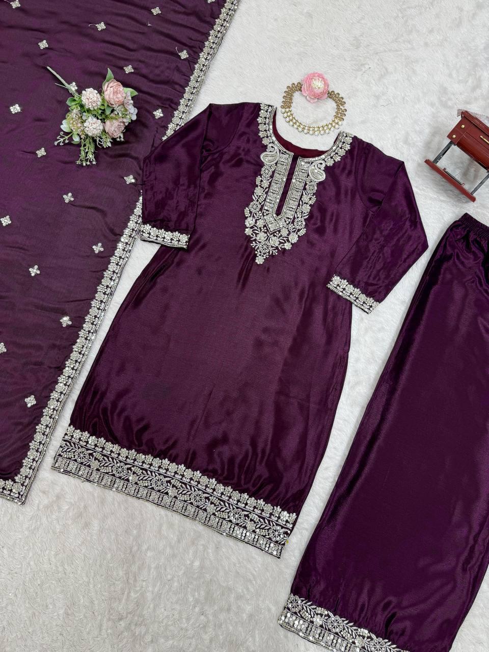 Embroidered Chinon Silk Plazo Set with Lace Dupatta