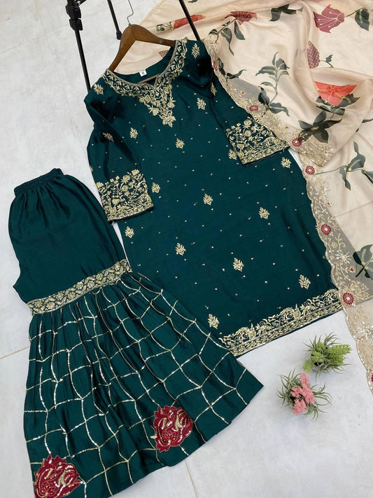 Luxury Embroidered Suit Set with Heavy Sharara & Elegant Dupatta