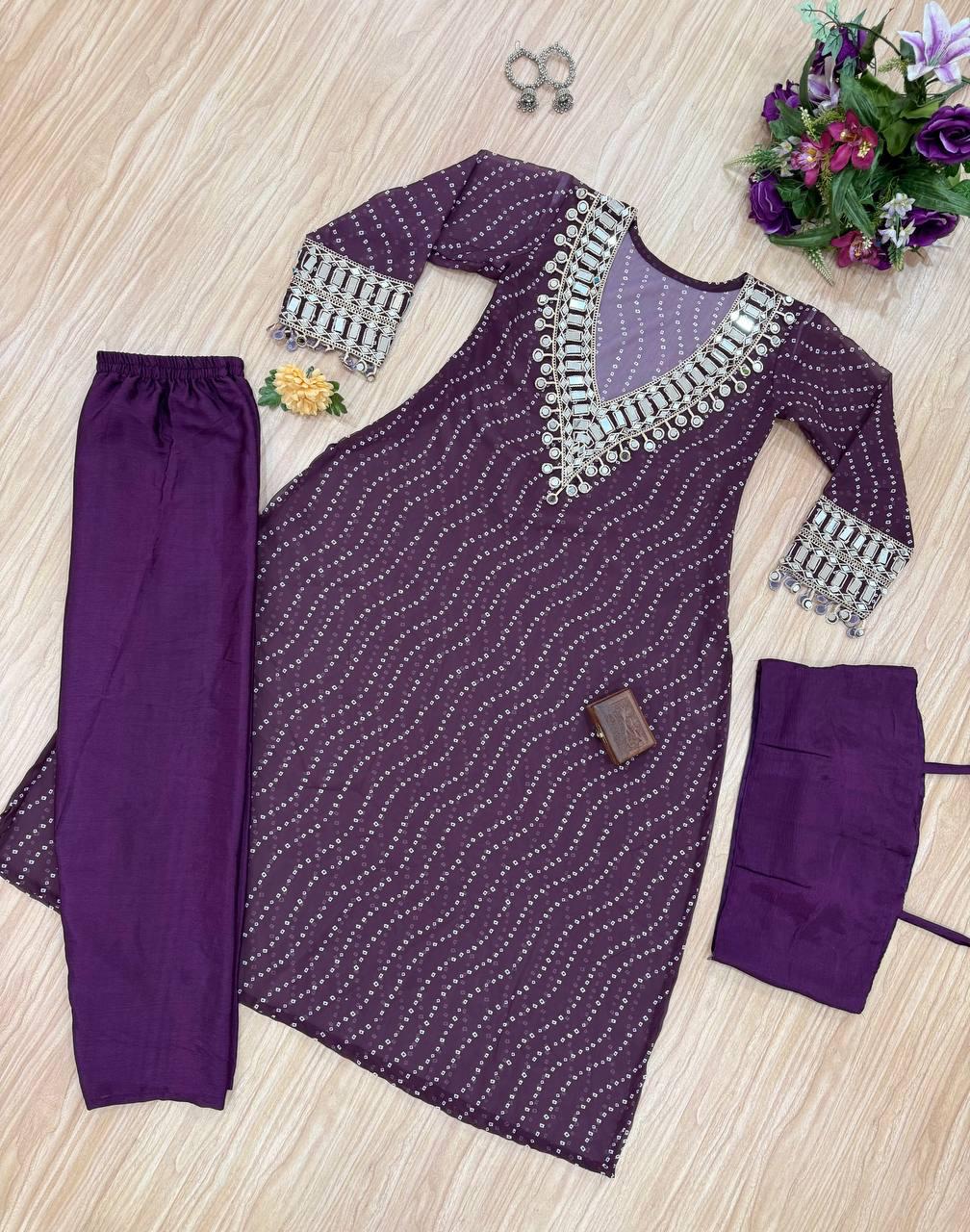 Stylish Embroidered Kurti Set with Digital Print and Cut-Work Border