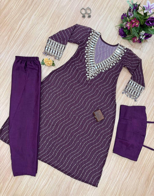 Stylish Embroidered Kurti Set with Digital Print and Cut-Work Border