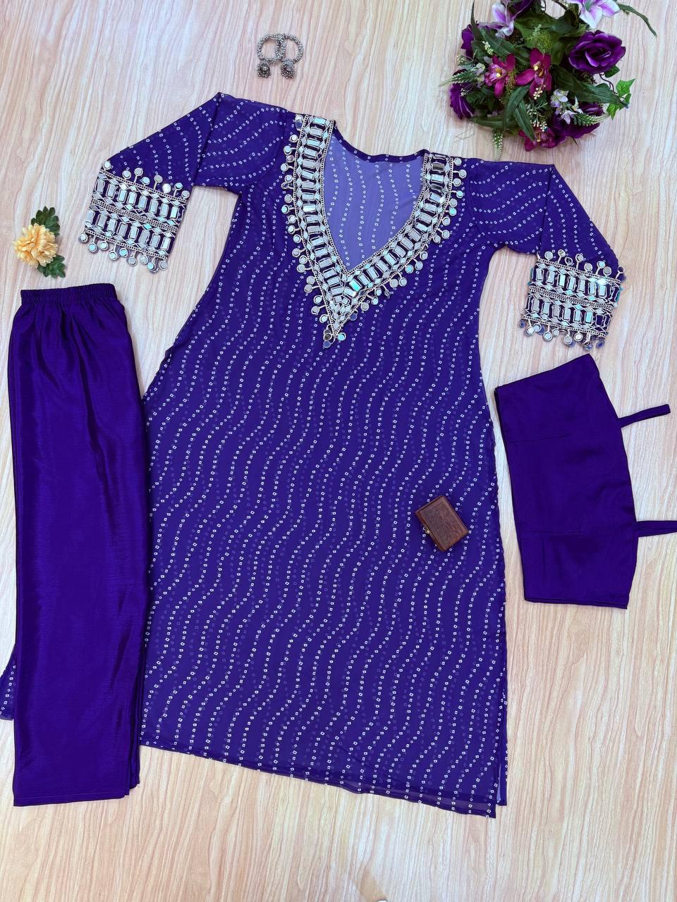 Stylish Embroidered Kurti Set with Digital Print and Cut-Work Border