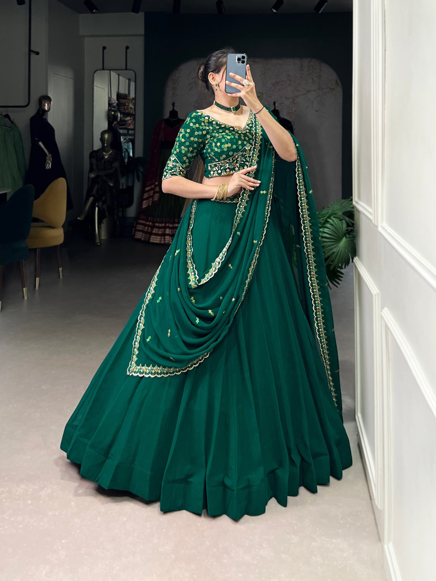 Thread Embroidered Georgette Lehenga Choli – 5 Meter Flair Set
