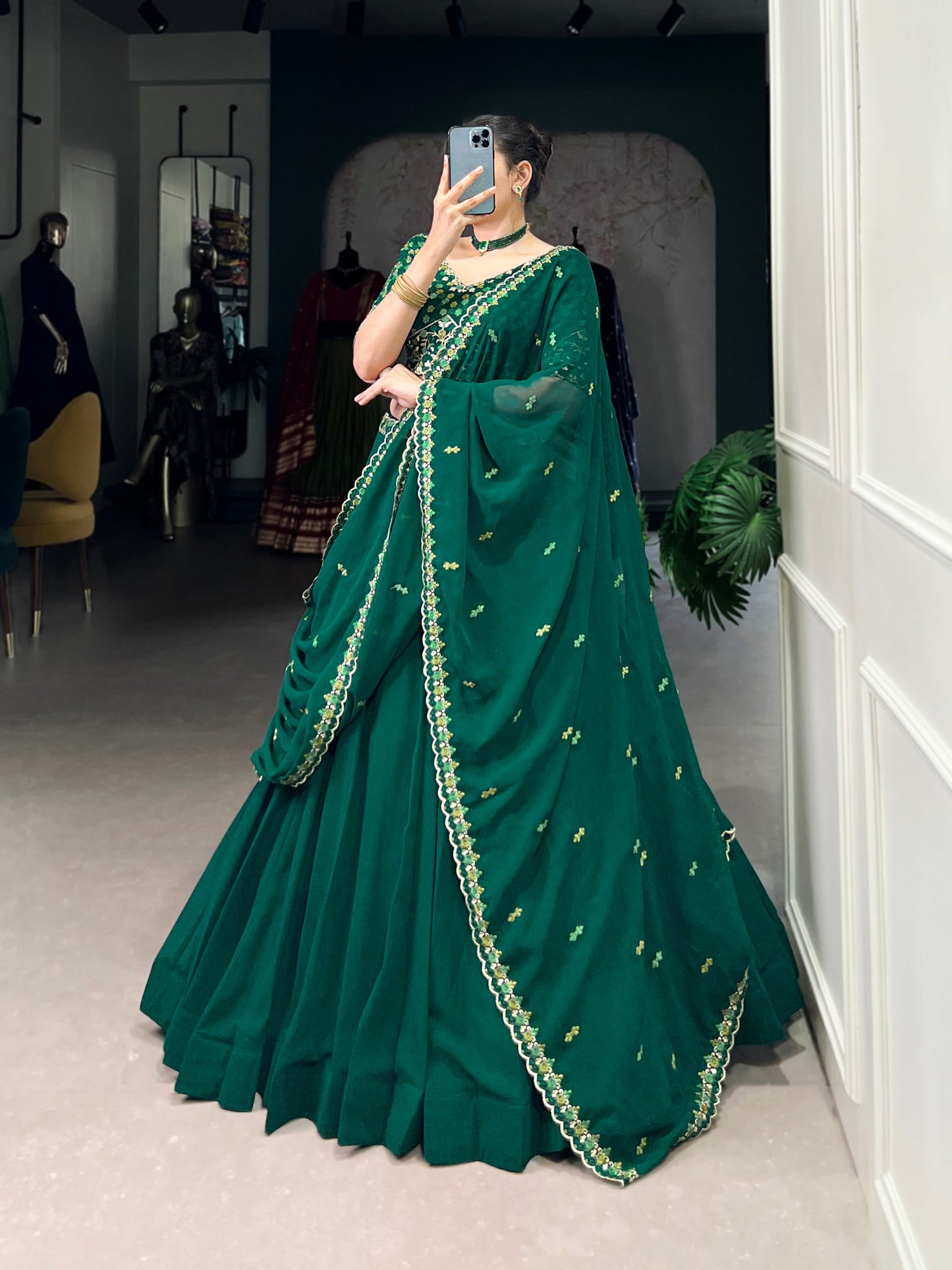 Thread Embroidered Georgette Lehenga Choli – 5 Meter Flair Set