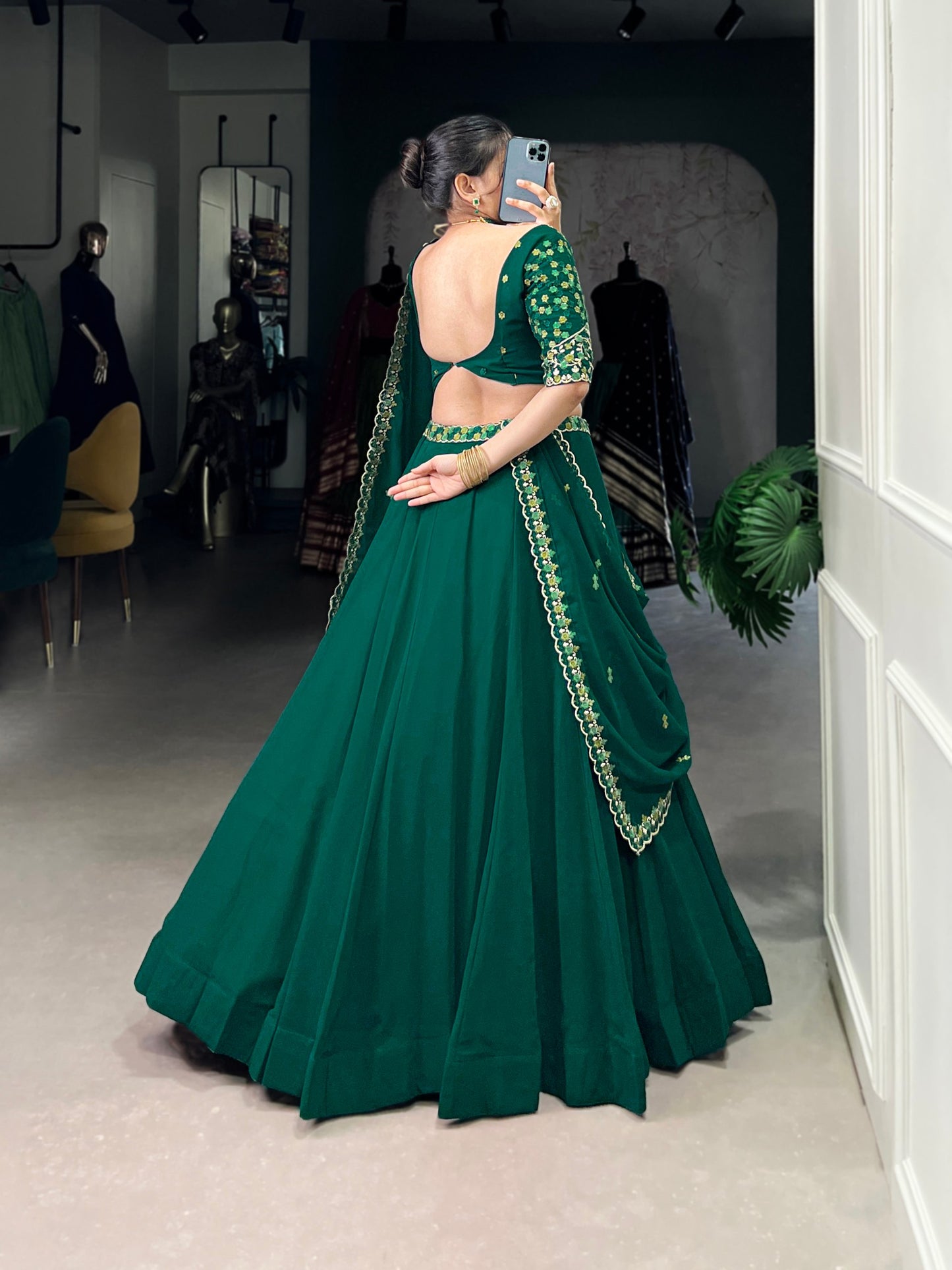 Thread Embroidered Georgette Lehenga Choli – 5 Meter Flair Set