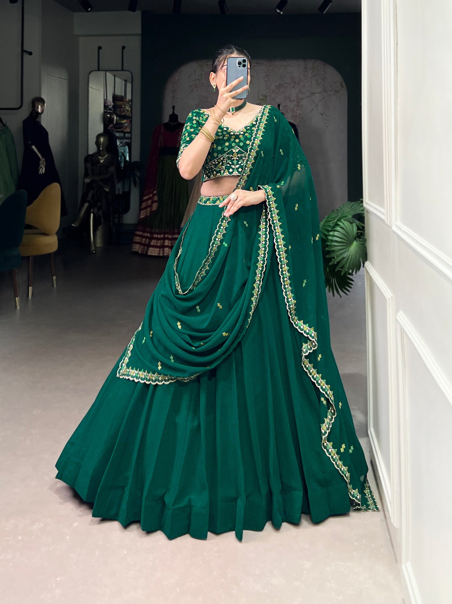 Thread Embroidered Georgette Lehenga Choli – 5 Meter Flair Set