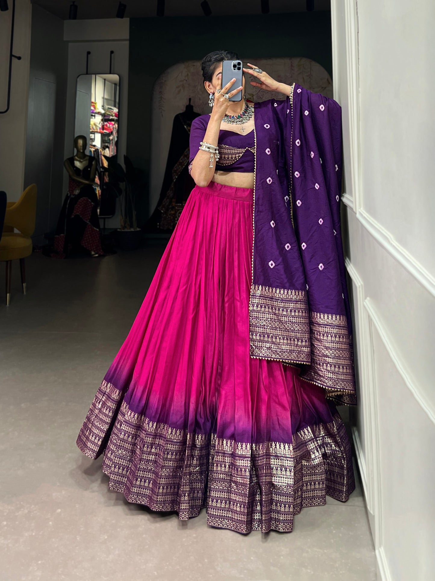 Zari Weaving Chanderi Lehenga with Bandhej Dupatta & Stitched Blouse