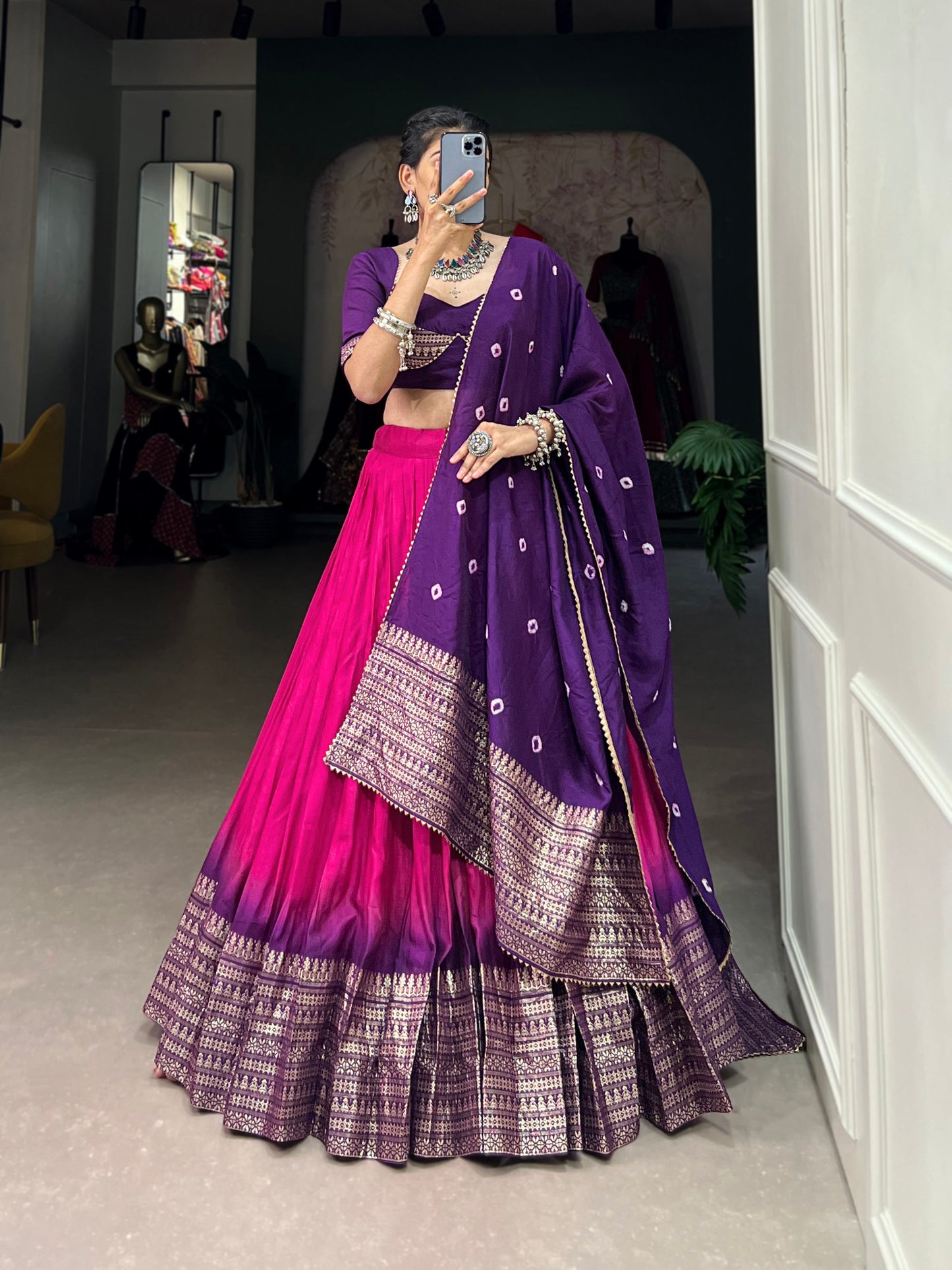 Zari Weaving Chanderi Lehenga with Bandhej Dupatta & Stitched Blouse