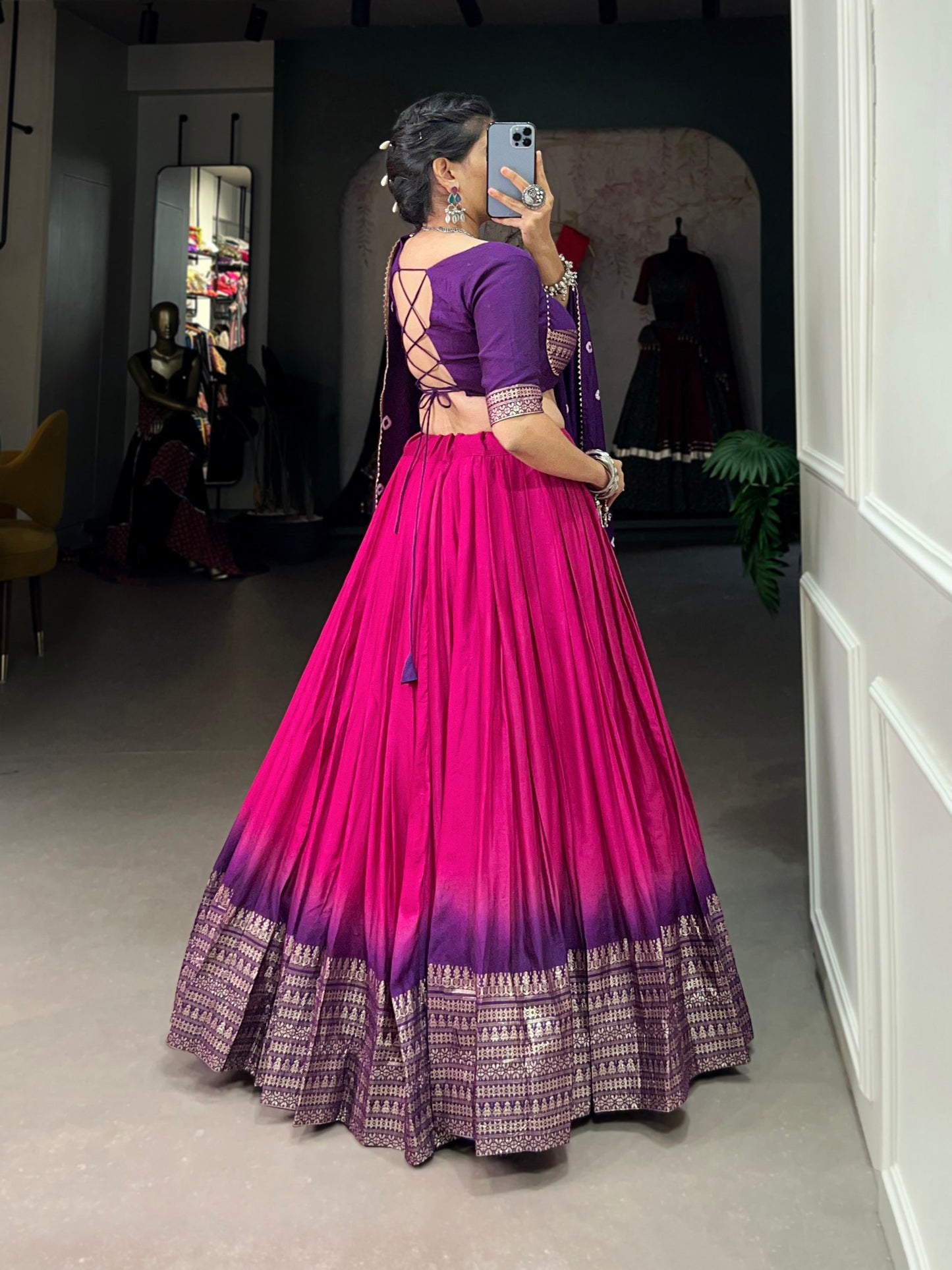 Zari Weaving Chanderi Lehenga with Bandhej Dupatta & Stitched Blouse