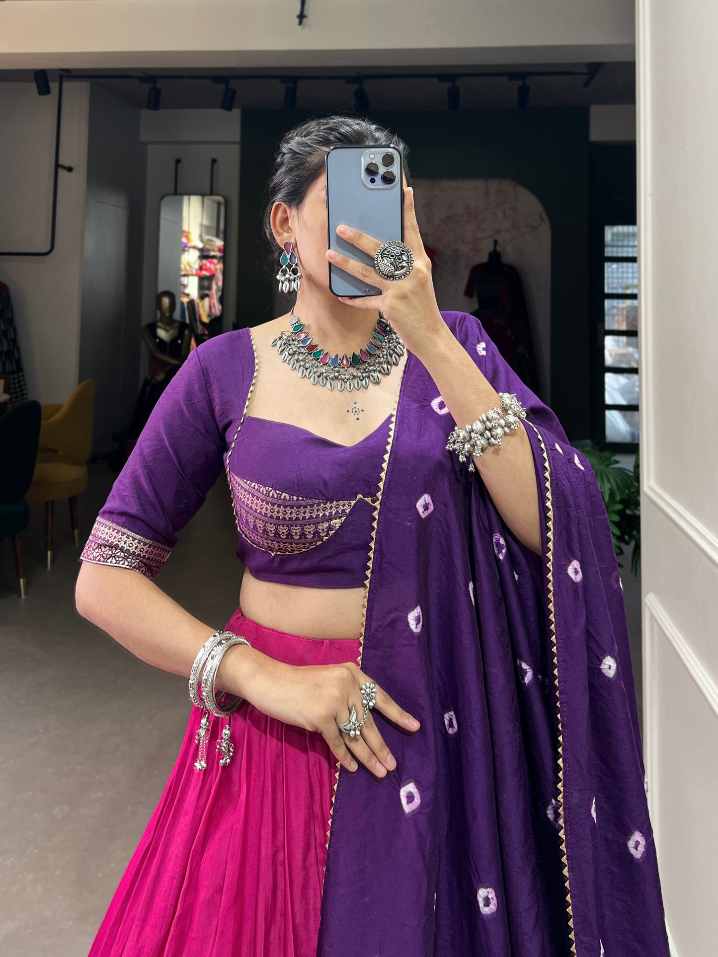 Zari Weaving Chanderi Lehenga with Bandhej Dupatta & Stitched Blouse