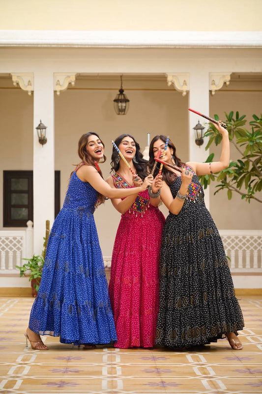 Traditional Bandhani Print Gown with Real Mirror & Lace