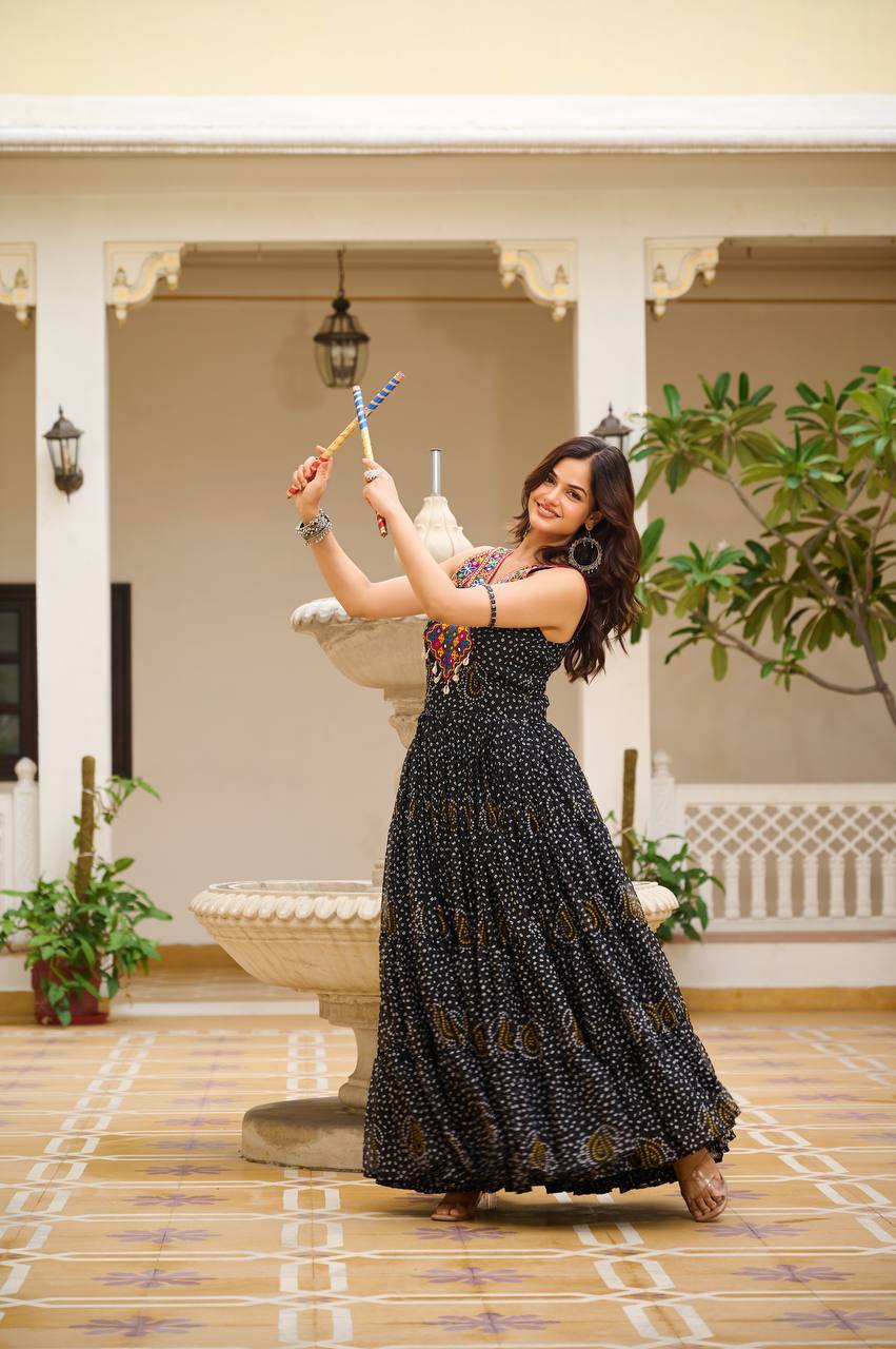 Traditional Bandhani Print Gown with Real Mirror & Lace