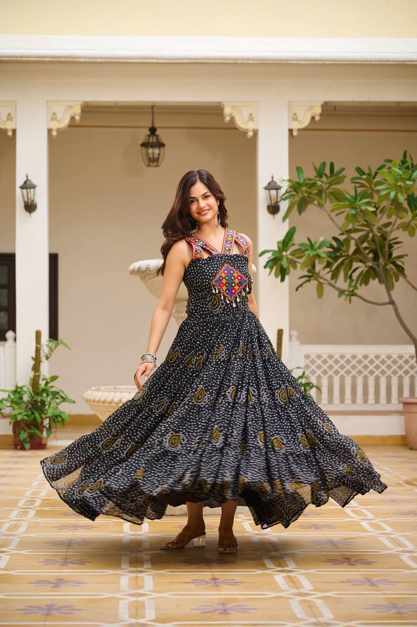 Traditional Bandhani Print Gown with Real Mirror & Lace