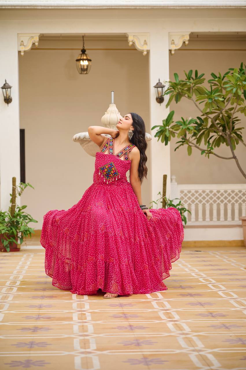 Traditional Bandhani Print Gown with Real Mirror & Lace