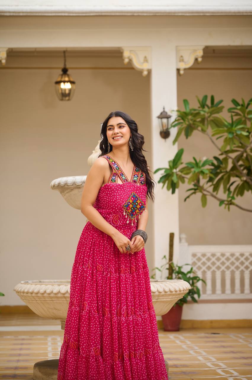 Traditional Bandhani Print Gown with Real Mirror & Lace