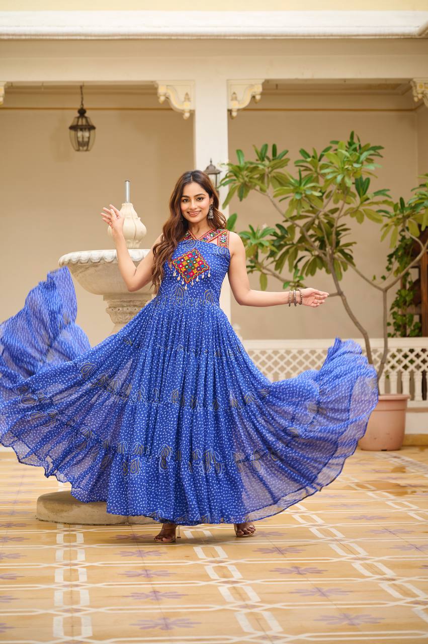 Traditional Bandhani Print Gown with Real Mirror & Lace