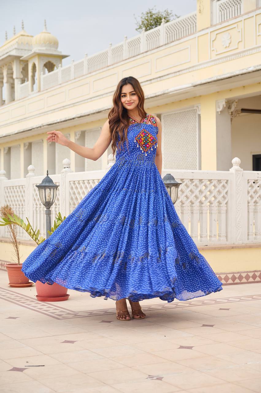 Traditional Bandhani Print Gown with Real Mirror & Lace