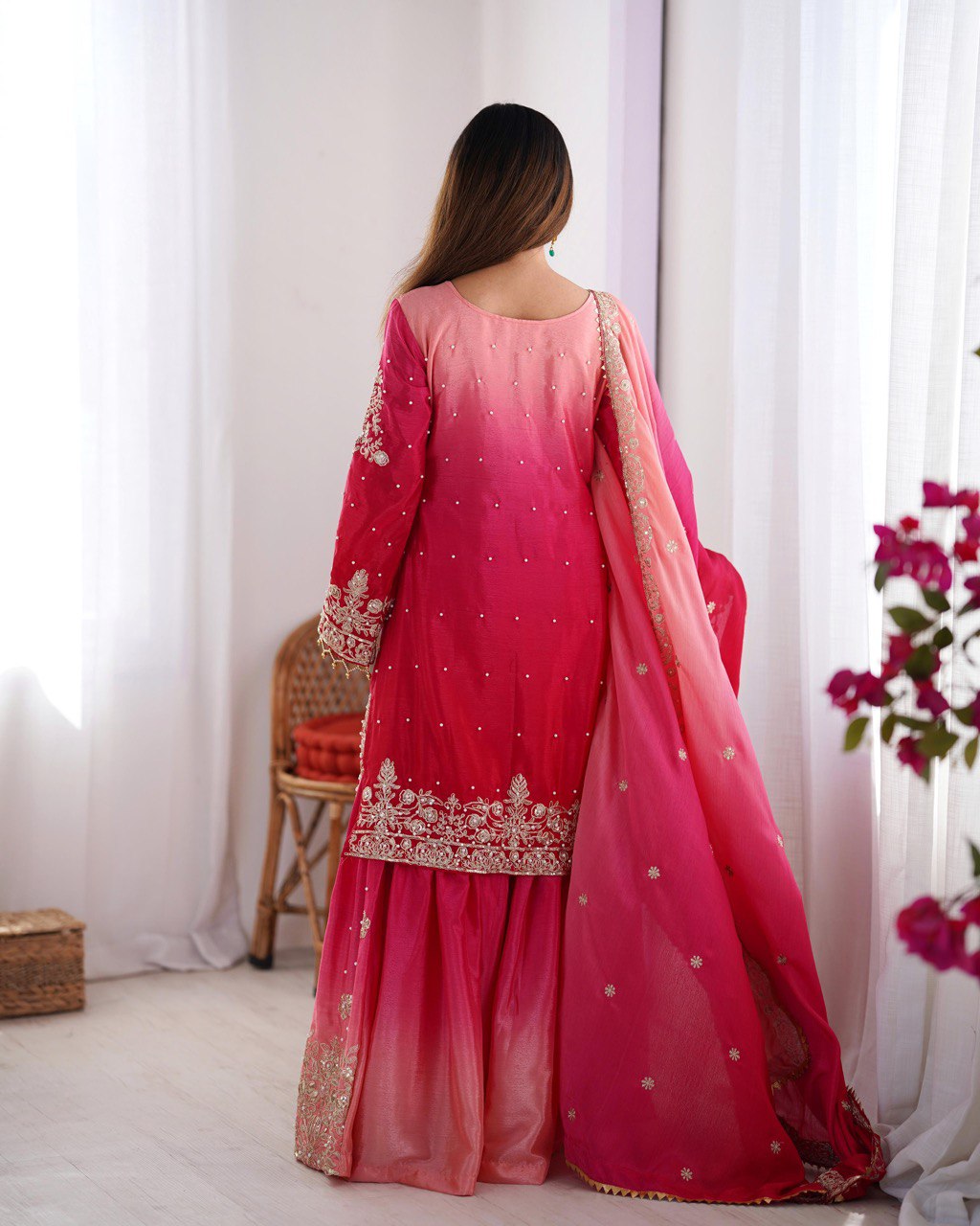 Royal Radiance Chinon Silk Plazo Set with Rivet Moti & Dori Sequins Work